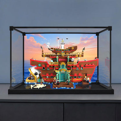 LEGO 75640 海上餐厅巴拉蒂 镜面亚克力展示盒 带环形灯和UV印刷背景 - 防尘展示柜