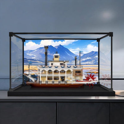 LEGO 21356 River Steamboat Spiegel-Acryl-Vitrine mit Ringlicht & UV-bedrucktem Hintergrund - Staubdichte Vitrine