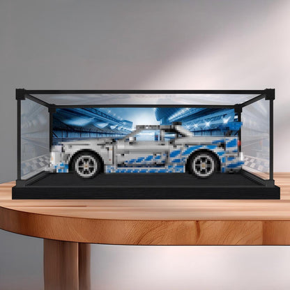 LEGO 42210 2 Fast 2 Furious Nissan Skyline GT-R (R34) Spiegel-Acryl-Vitrine mit Ringlicht & UV-bedrucktem Hintergrund - Staubdichte Präsentationsvitrine