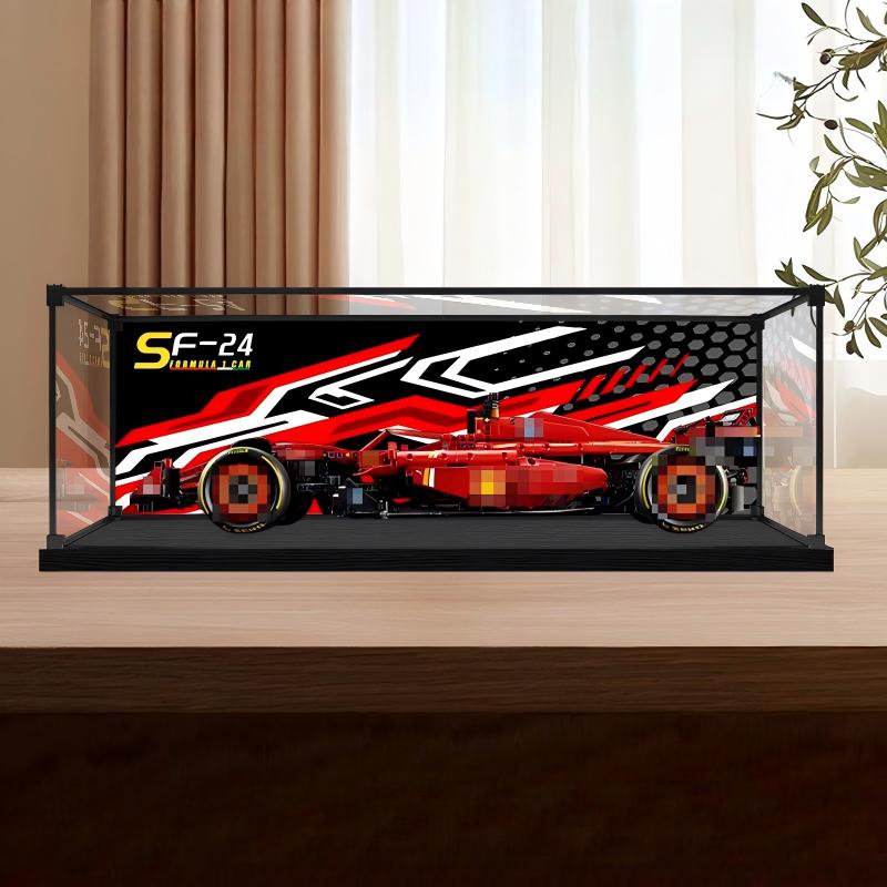 LEGO 42207 Ferrari SF-24 Carro de F1 Vitrine de Exibição em Acrílico com Espelho, Luz Anelar e Fundo Impresso em UV - Vitrine à Prova de Poeira