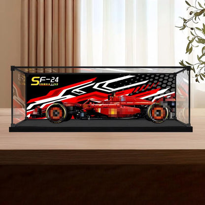LEGO 42207 Ferrari SF-24 Carro de F1 Vitrine de Exibição em Acrílico com Espelho, Luz Anelar e Fundo Impresso em UV - Vitrine à Prova de Poeira