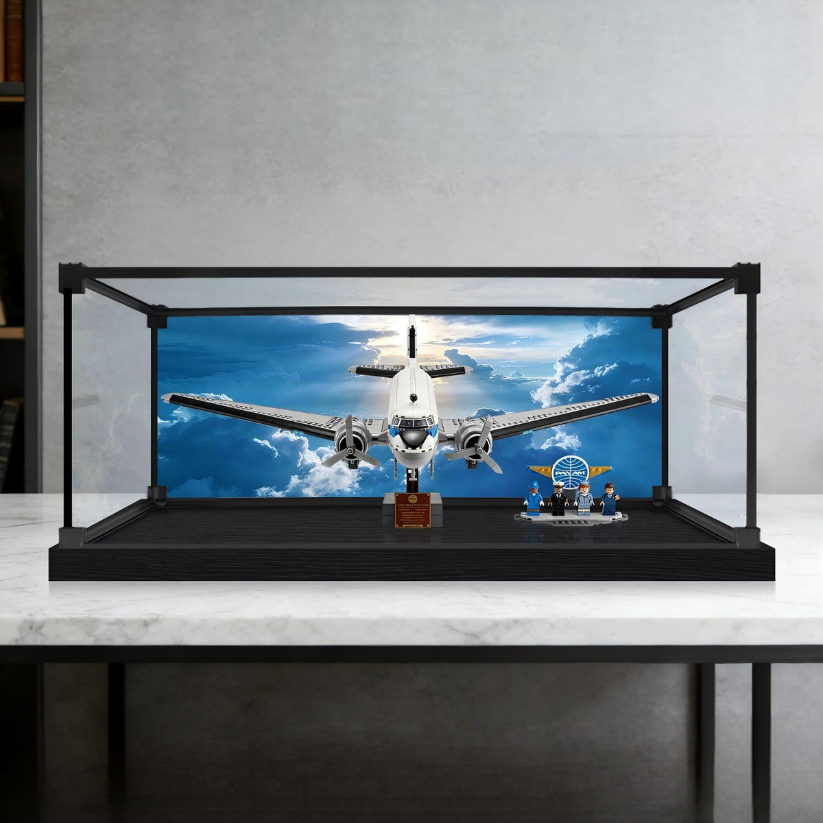 LEGO 11378 Douglas DC-3 PAN AM Airliner Mirror Acrylic Display Case with Ring Light & UV-Printed Background - Dustproof Showcase