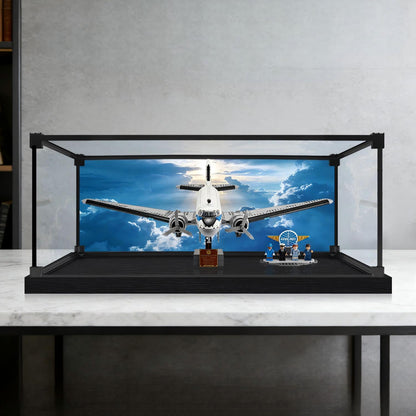 LEGO 11378 Douglas DC-3 PAN AM Airliner Mirror Acrylic Display Case with Ring Light & UV-Printed Background - Dustproof Showcase