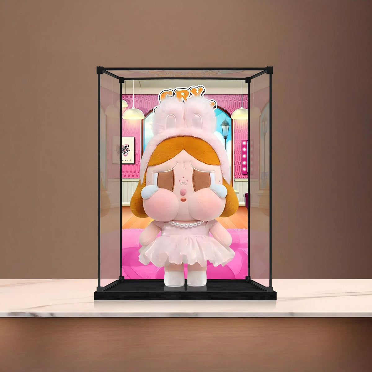 حالة عرض أكريليك مرآة Pop Mart Crybaby مع إضاءة حلقية وخلفية مطبوعة بالأشعة فوق البنفسجية - صندوق عرض مقاوم للغبار