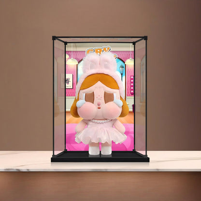 حالة عرض أكريليك مرآة Pop Mart Crybaby مع إضاءة حلقية وخلفية مطبوعة بالأشعة فوق البنفسجية - صندوق عرض مقاوم للغبار
