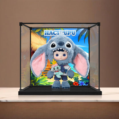 Pop Mart Hacipupu Mirror Acrylic Display Case with Ring Light & UV-Printed Background - Dustproof Showcase