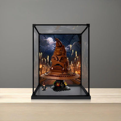 LEGO 76429 Talking Sorting Hat Mirror Acrylic Display Case with Ring Light & UV-Printed Background - Dustproof Showcase
