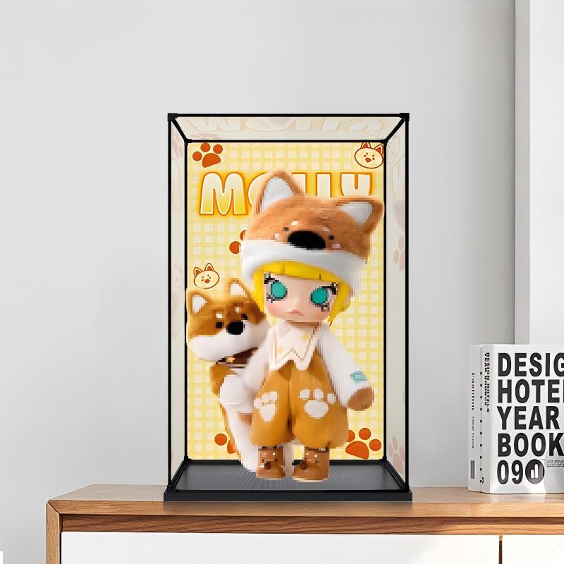 Caixa de Exibição de Acrílico Espelhado para Coleção Pop Mart Molly Shiba Inu com Luz de Anel e Fundo Impresso em UV - Vitrine à Prova de Poeira