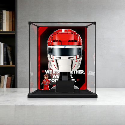 LEGO 43014 Scuderia Ferrari HP Charles Leclerc Helmet Mirror Acrylic Display Case with Ring Light & UV-Printed Background - Dustproof Showcase