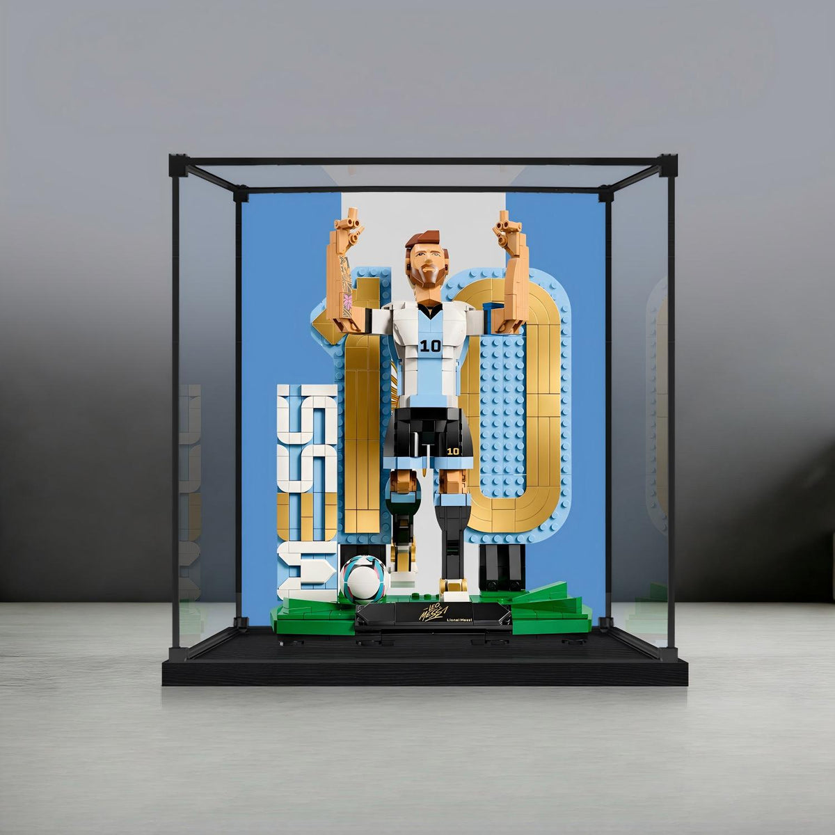 LEGO 43015 Lionel Messi - Soccer Legend Mirror Acrylic Display Case with Ring Light & UV-Printed Background - Dustproof Showcase
