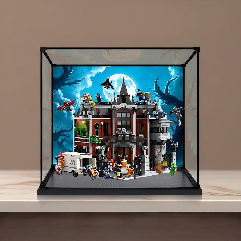 LEGO 76300 Arkham Asylum Mirror Acrylic Display Case with Ring Light & UV-Printed Background - Dustproof Showcase