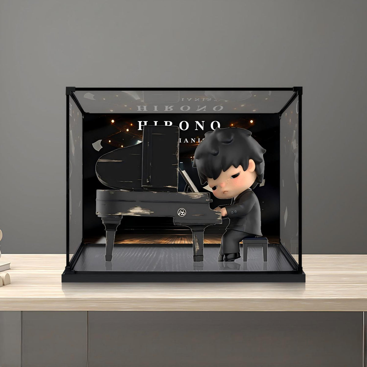 Caixa de Exibição de Acrílico Espelhado da Série Pop Mart Hirono Piano com Luz de Anel e Fundo Impresso em UV - Vitrine à Prova de Poeira