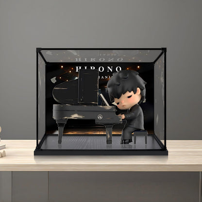 Caixa de Exibição de Acrílico Espelhado da Série Pop Mart Hirono Piano com Luz de Anel e Fundo Impresso em UV - Vitrine à Prova de Poeira