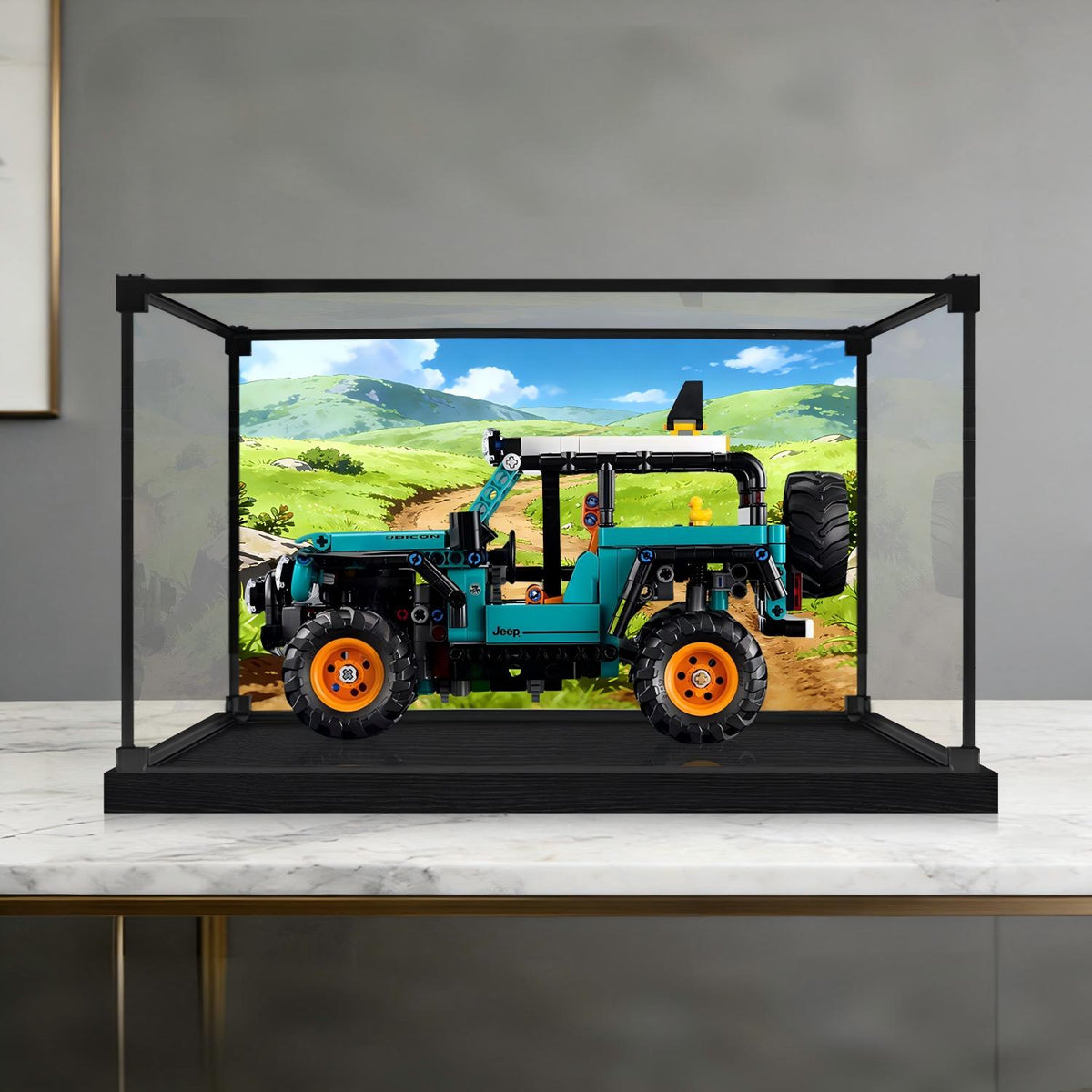 LEGO 42227 Jeep Wrangler Rubicon Mirror Acrylic Display Case with Ring Light & UV-Printed Background - Dustproof Showcase