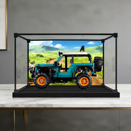 LEGO 42227 Jeep Wrangler Rubicon Mirror Acrylic Display Case with Ring Light & UV-Printed Background - Dustproof Showcase