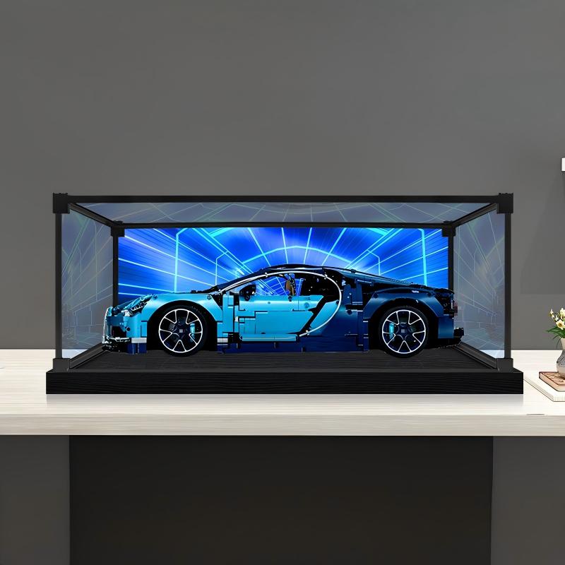 LEGO 42083 Bugatti Chiron Vitrine aus Acryl mit Ringlicht & UV-bedrucktem Hintergrund – Staubschutz-Schaukasten