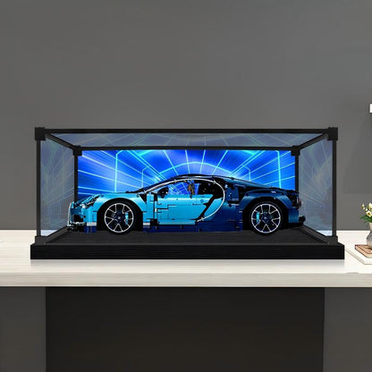 LEGO 42083 Bugatti Chiron Vitrine aus Acryl mit Ringlicht & UV-bedrucktem Hintergrund – Staubschutz-Schaukasten