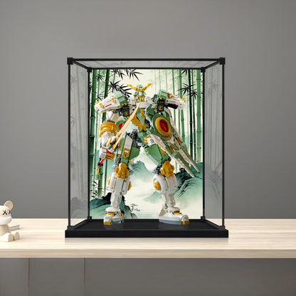 LEGO 71860 Lloyd's Titan Mech Spiegel-Acryl-Vitrine mit Ringlicht & UV-bedrucktem Hintergrund - Staubdichte Präsentationsvitrine