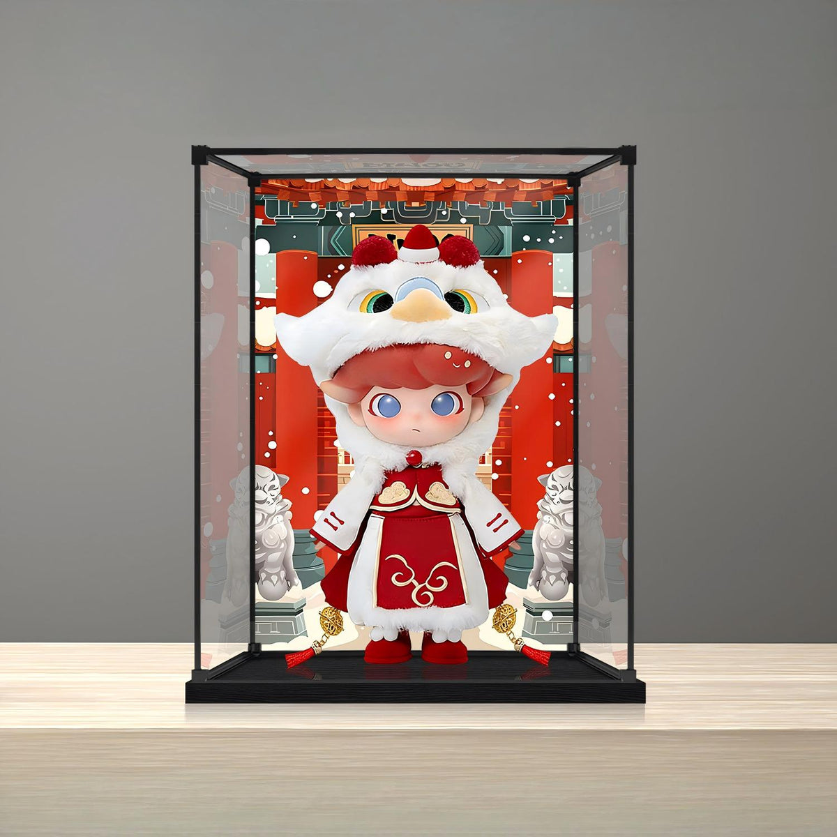 Pop Mart Dimoo Lion Dance Mirror Acrylic Display Case with Ring Light & UV-Printed Background - Dustproof Showcase