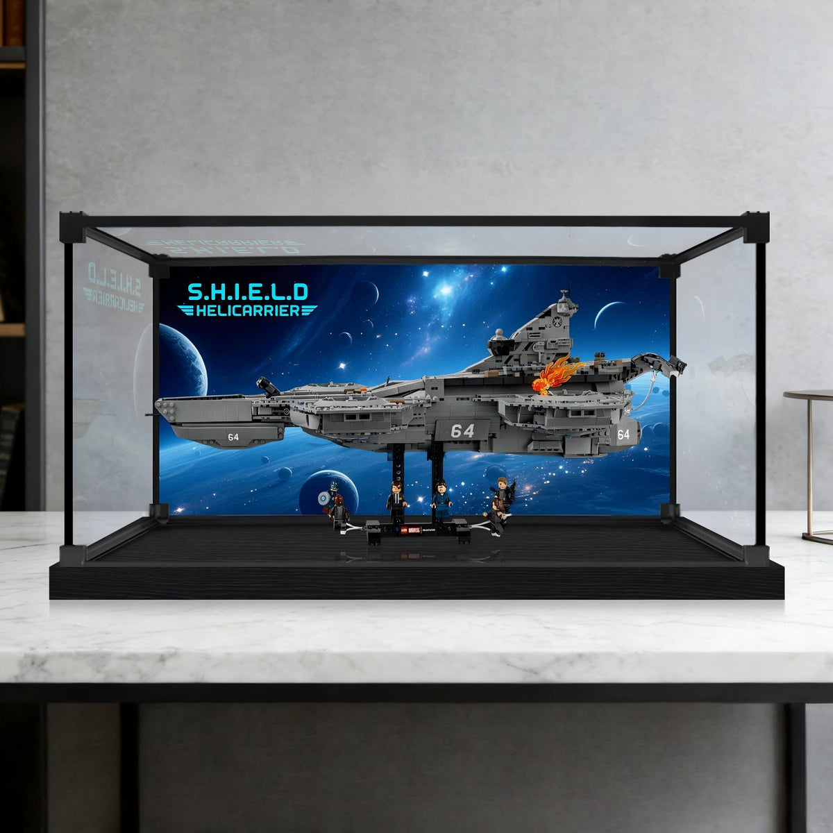 LEGO 76354 S.H.I.E.L.D. Helicarrier حافظة عرض أكريليك مرآة مع ضوء حلقي وخلفية مطبوعة بالأشعة فوق البنفسجية - واجهة عرض مقاومة للغبار