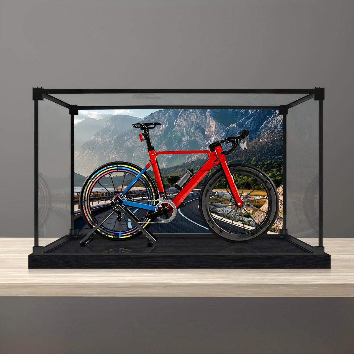 LEGO 11380 Icons Road Bike Mirror Acrylic Display Case with Ring Light & UV-Printed Background - Dustproof Showcase