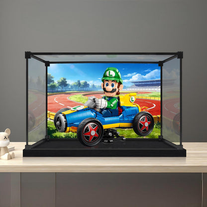 LEGO 72050 Mario Kart - Luigi & Mach 8 Vetrina espositiva in acrilico specchiato con luce ad anello e sfondo stampato UV - Espositore antipolvere