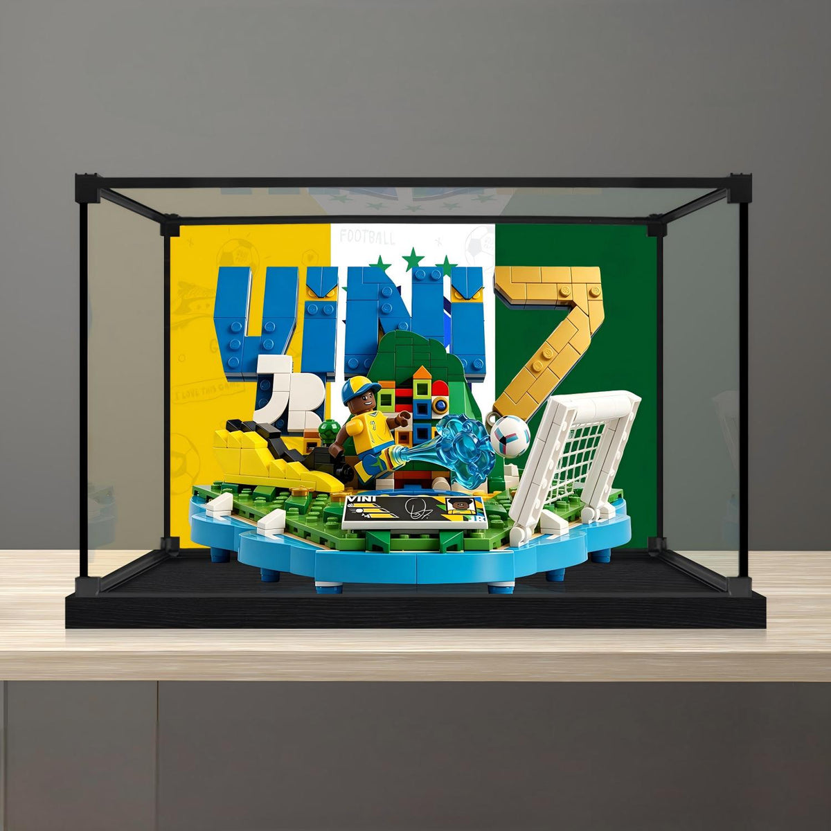 LEGO 43027 Vini Jr. - Soccer Highlights Mirror Acrylic Display Case with Ring Light & UV-Printed Background - Dustproof Showcase