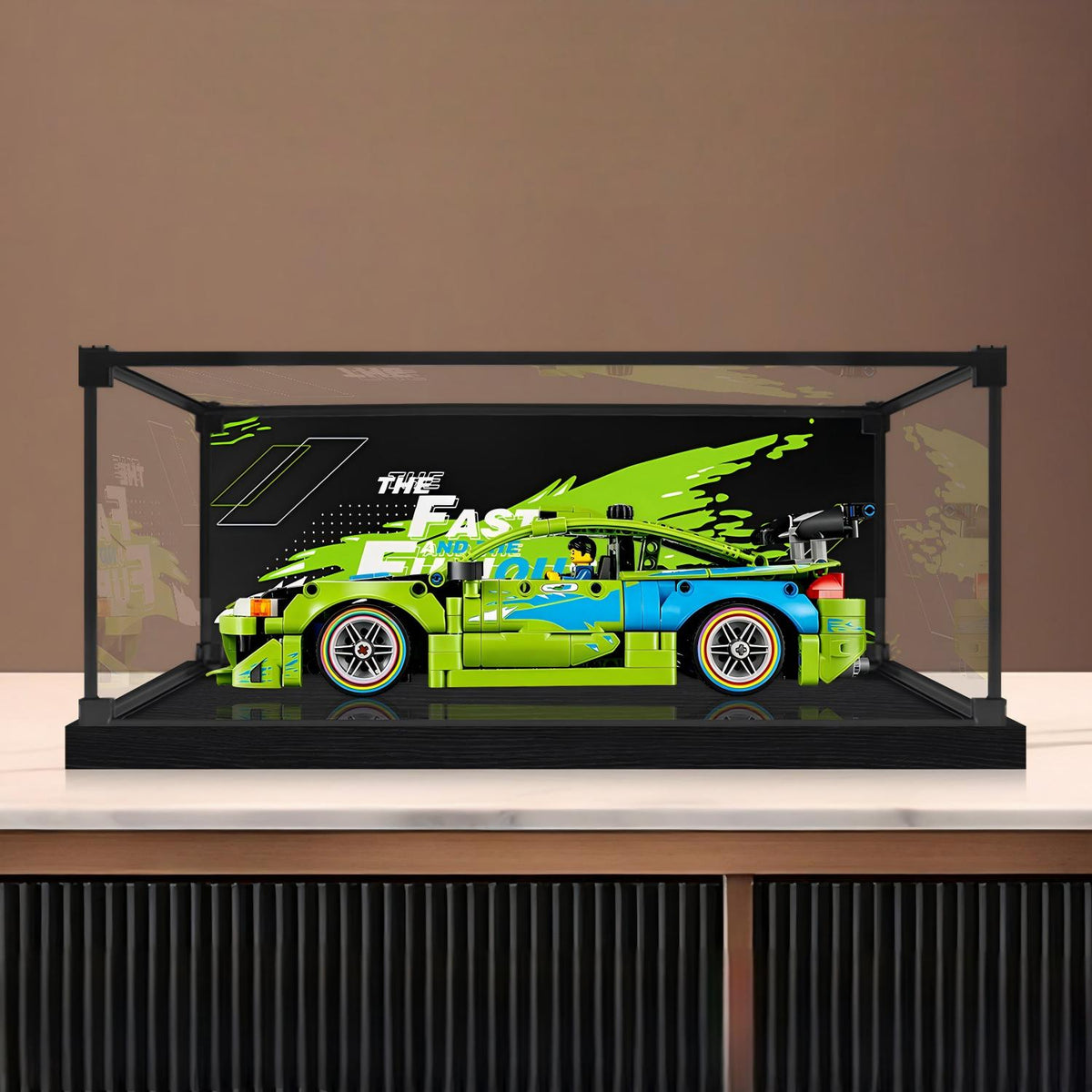 LEGO 42229 Technic Fast and Furious Mitsubishi Eclipse Car Mirror Acrylic Display Case with Ring Light & UV-Printed Background - Dustproof Showcase