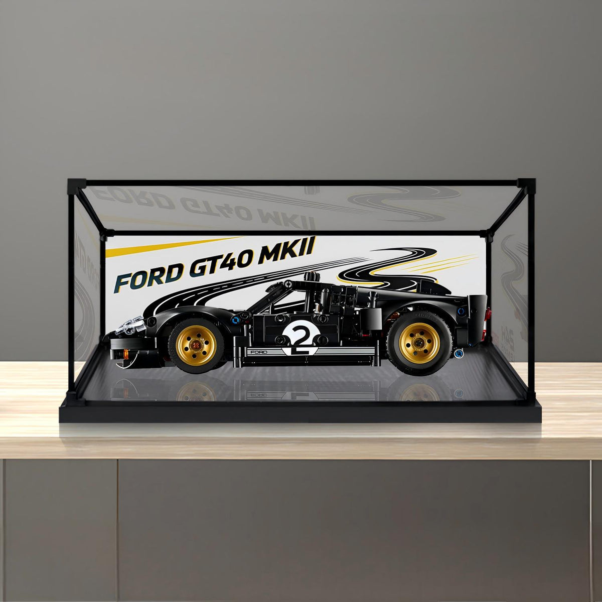 LEGO 42223 1966 Ford GT40 MKII Vitrine de Exibição em Acrílico com Espelho, Luz Anelar e Fundo Impresso em UV - Vitrine à Prova de Poeira