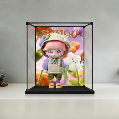 Vetrina Acrilica per Pop Mart DIMOO Series con Luci ad Anello e Sfondo Stampato UV - Espositore Antipolvere