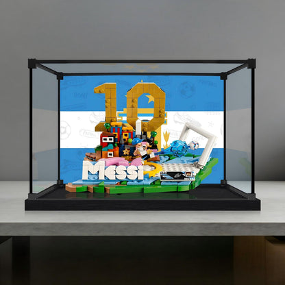 LEGO 43011 Lionel Messi - Soccer Highlights Mirror Acrylic Display Case with Ring Light & UV-Printed Background - Dustproof Showcase