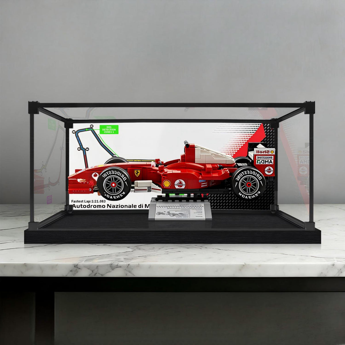 LEGO 11375 Ferrari F2004 & Michael Schumacher Spiegel-Acryl-Vitrine mit Ringlicht & UV-bedrucktem Hintergrund - Staubdichte Vitrine