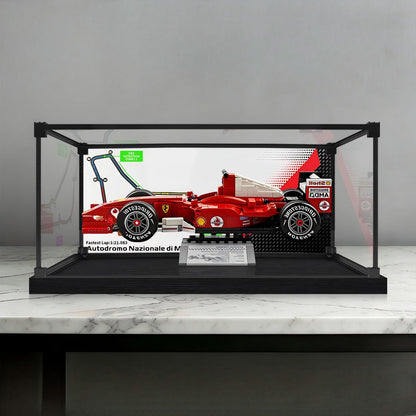 LEGO 11375 Ferrari F2004 & Michael Schumacher Spiegel-Acryl-Vitrine mit Ringlicht & UV-bedrucktem Hintergrund - Staubdichte Vitrine