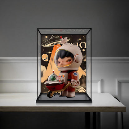 Pop Mart Dimoo Space Mirror Acrylic Display Case with Ring Light & UV-Printed Background - Dustproof Showcase