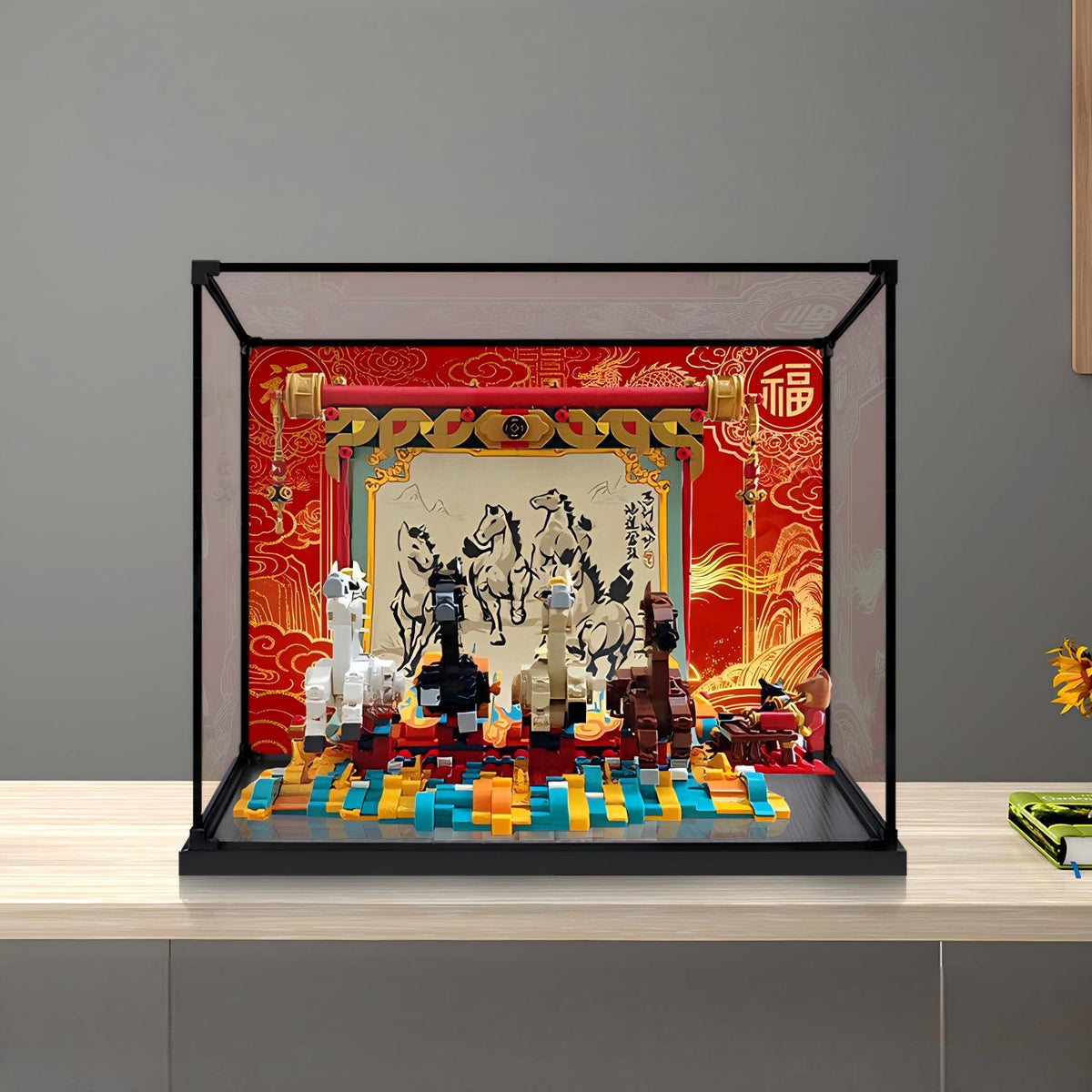 LEGO 80119 Galloping Horses Canvas Mirror Acrylic Display Case con Ring Light e Sfondo Stampato UV - Vetrina Antipolvere