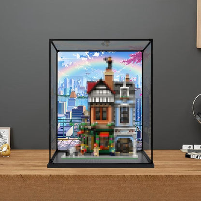 LEGO 10350 علبة عرض أكريليك مرآة تيودور كورنر مع حلقة إضاءة وخلفية مطبوعة بالأشعة فوق البنفسجية - صندوق عرض مقاوم للغبار