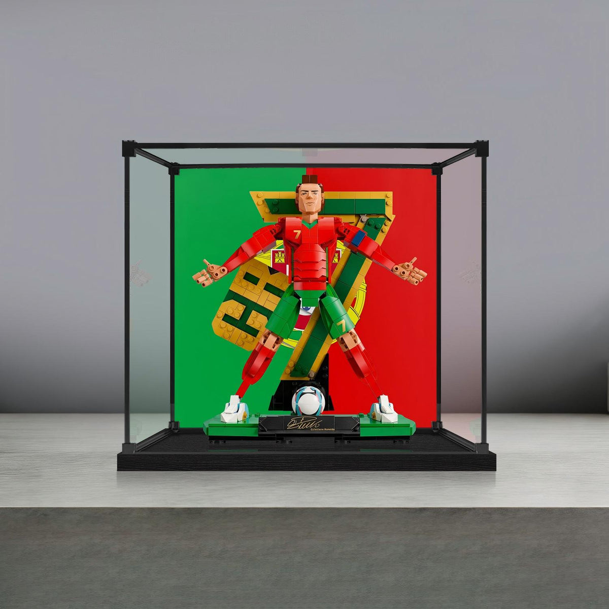 LEGO 43016 Cristiano Ronaldo - Soccer Legend Mirror Acrylic Display Case with Ring Light & UV-Printed Background - Dustproof Showcase
