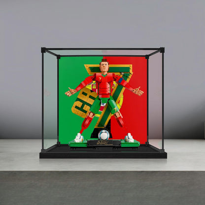 LEGO 43016 Cristiano Ronaldo - Soccer Legend Mirror Acrylic Display Case with Ring Light & UV-Printed Background - Dustproof Showcase
