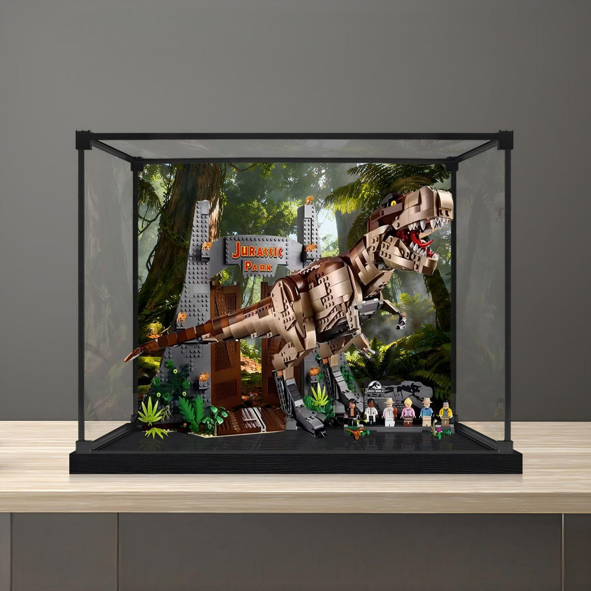 LEGO 75936 Jurassic Park: T. rex Rampage Mirror Acrylic Display Case with Ring Light & UV-Printed Background - Dustproof Showcase
