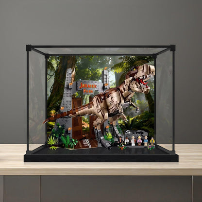 LEGO 75936 Jurassic Park: T. rex Rampage Mirror Acrylic Display Case with Ring Light & UV-Printed Background - Dustproof Showcase