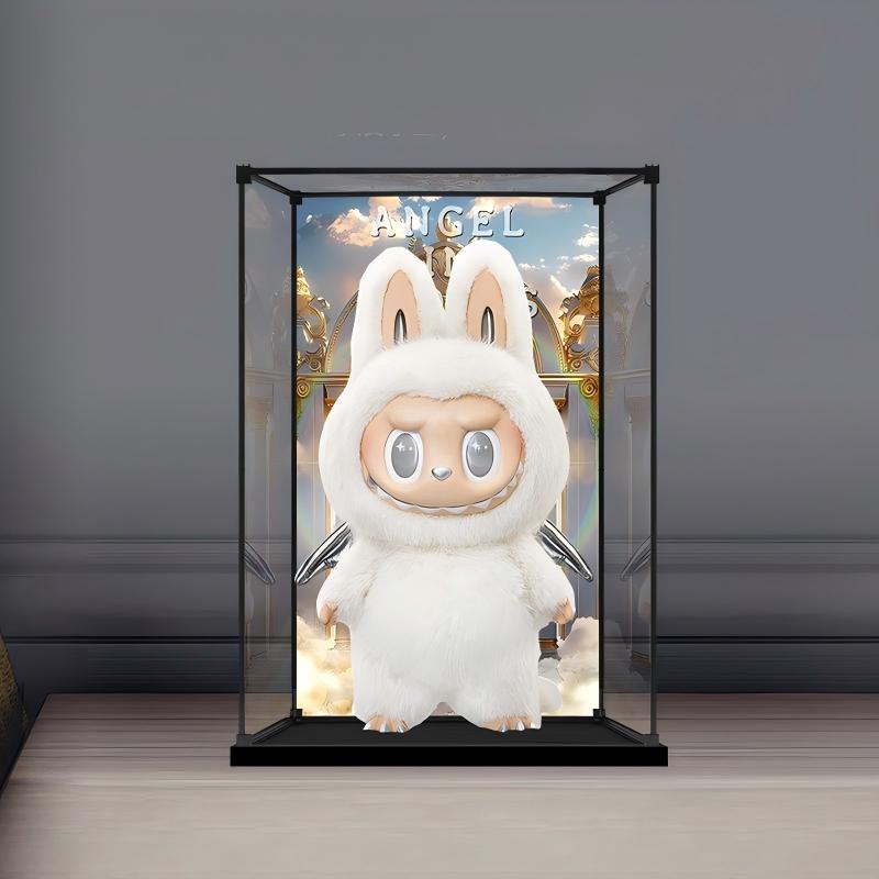 Pop Mart Labubu Angel Mirror Acrylic Display Case with Ring Light & UV-Printed Background - Dustproof Showcase