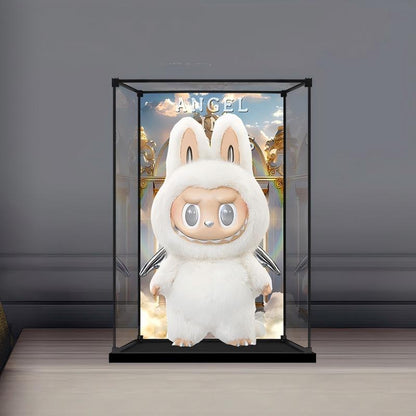 Pop Mart Labubu Angel Mirror Acrylic Display Case with Ring Light & UV-Printed Background - Dustproof Showcase