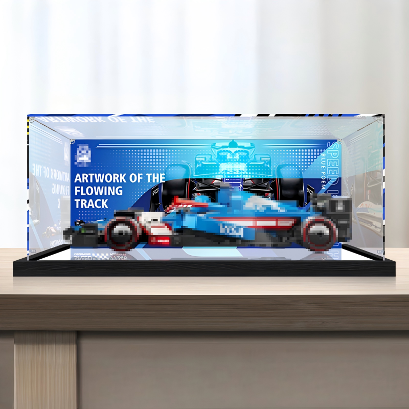 Premium Acrylic Display Case for LEGO Speed Champions Sets 77242 77243 77244 77245 77246 – 3mm Dust-Proof Showcase with Custom UV-Printed Background & Brushed Black Base - Scoparius case