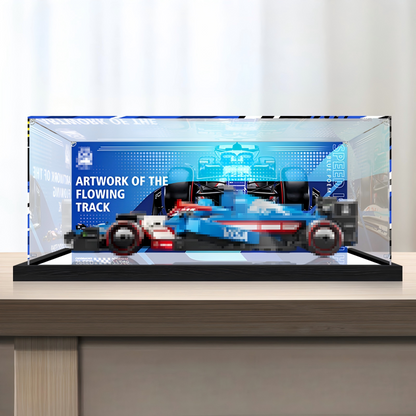 Premium Acrylic Display Case for LEGO Speed Champions Sets 77242 77243 77244 77245 77246 – 3mm Dust-Proof Showcase with Custom UV-Printed Background & Brushed Black Base