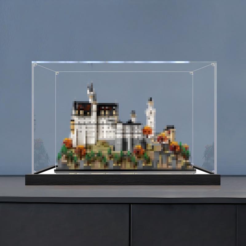 LEGO 21063 Neuschwanstein Slot Spejl Akryl Display Case med Ringlys & UV-trykt Baggrund - Støvtæt Udstillingsvitrine
