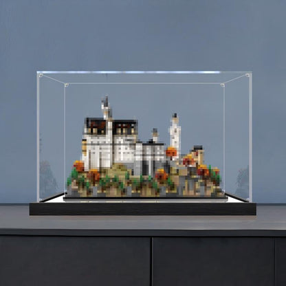 LEGO 21063 Neuschwanstein Slot Spejl Akryl Display Case med Ringlys & UV-trykt Baggrund - Støvtæt Udstillingsvitrine
