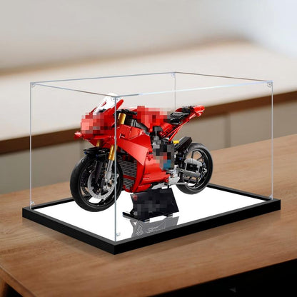 LEGO 42202 Ducati Panigale V4 S Vitrine de Exibição em Acrílico com Espelho, Luz Anelar e Fundo Impresso em UV - Vitrine à Prova de Poeira
