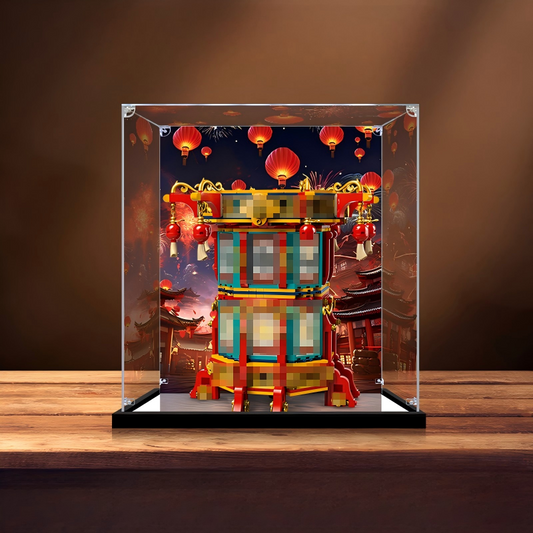 Acrylic Display Case for LEGO 80116 Trophy of Auspicious Dragon, with Themed Printed Background & Dustproof Box