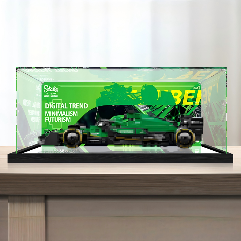 Premium Acrylic Display Case for LEGO Speed Champions Sets 77242 77243 77244 77245 77246 – 3mm Dust-Proof Showcase with Custom UV-Printed Background & Brushed Black Base - Scoparius case