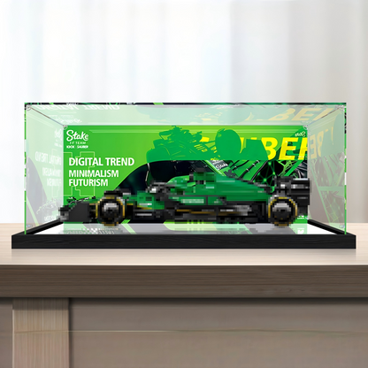 Premium Acrylic Display Case for LEGO Speed Champions Sets 77242 77243 77244 77245 77246 – 3mm Dust-Proof Showcase with Custom UV-Printed Background & Brushed Black Base